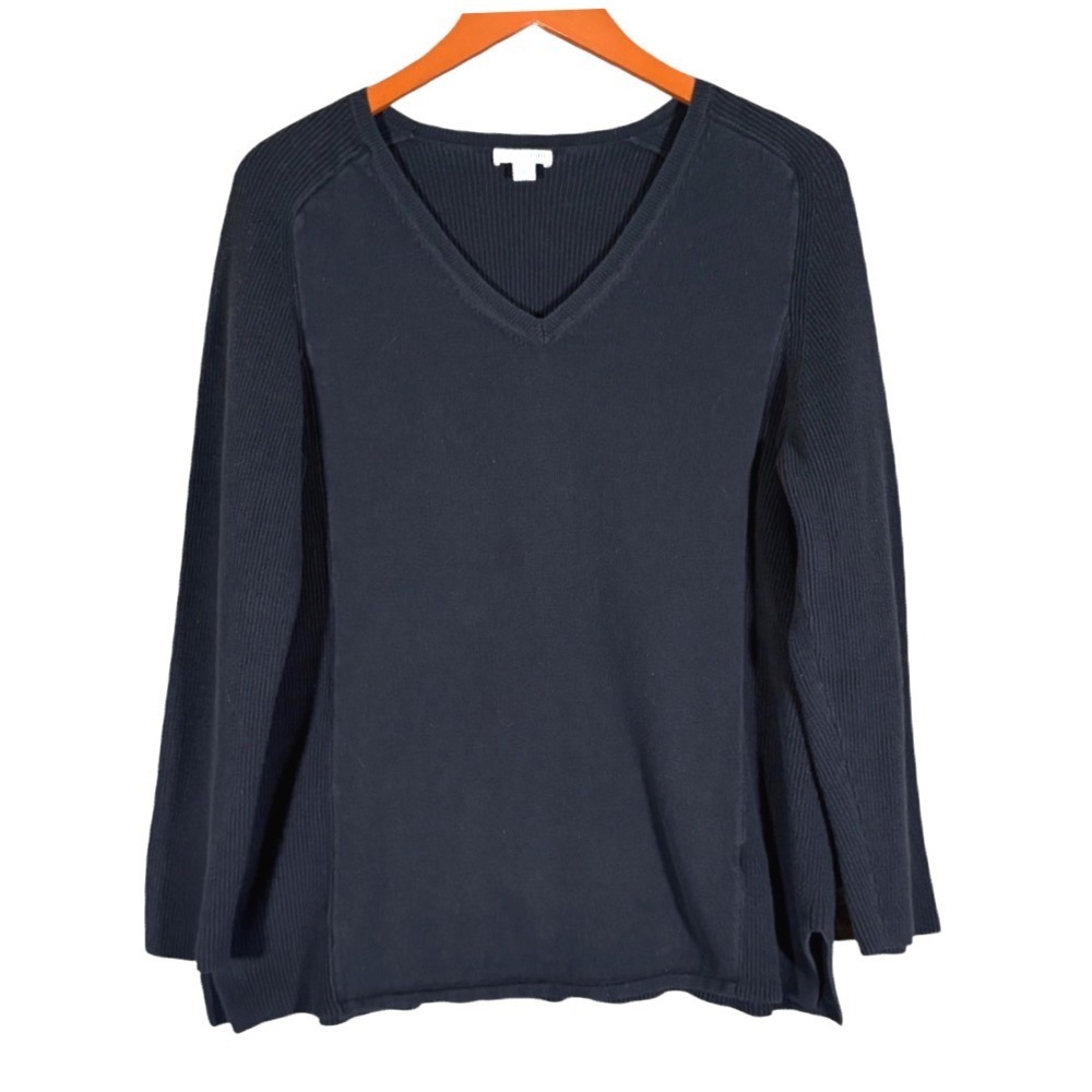 J. JILL Black V-Neck Sweater RIBBED DETAILS Side Slits COTTON BLEND Super Soft M